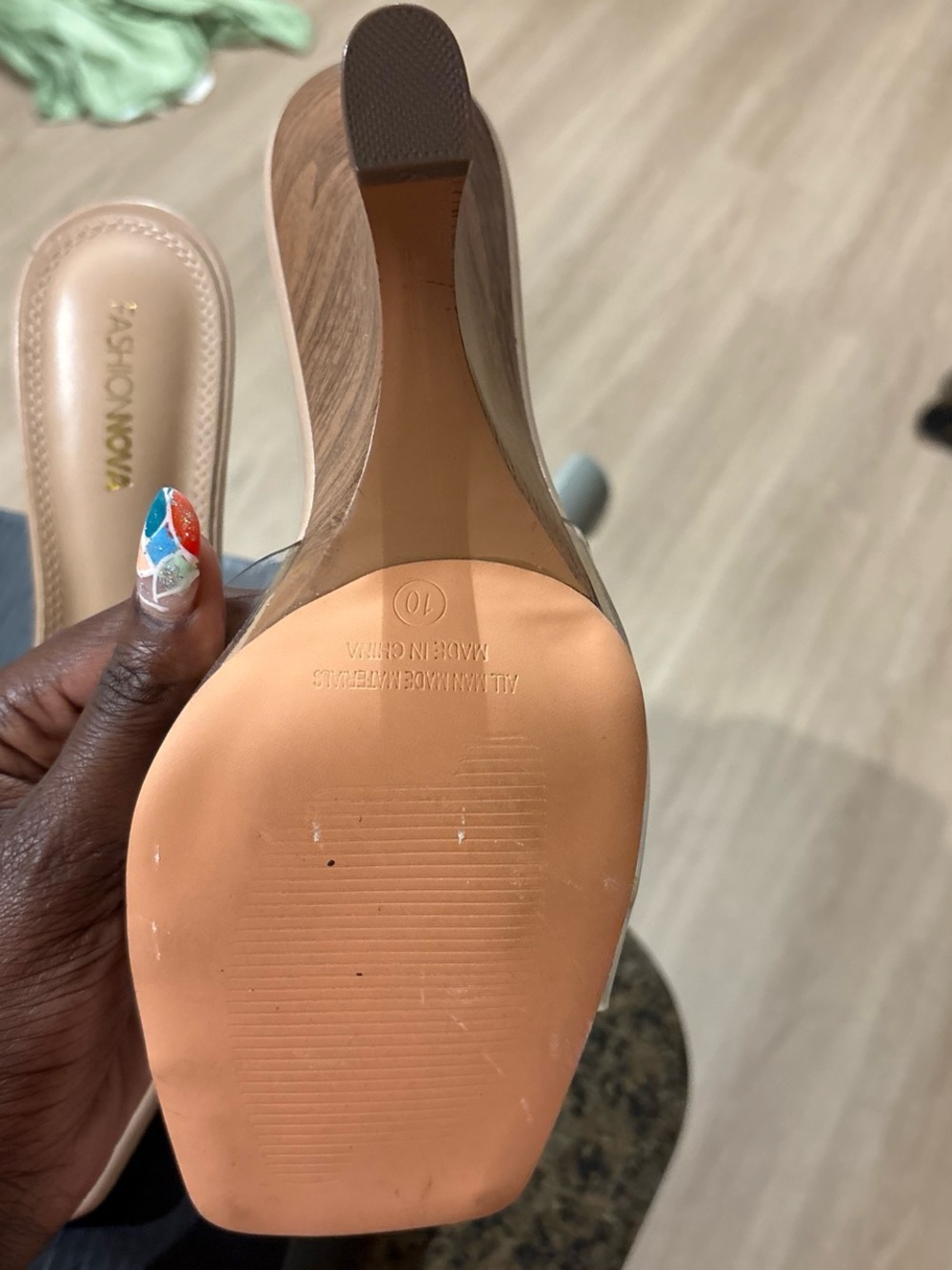 Fashion Nova Nude Clear Strap Wood-Effect Heel Mule - Picture 2 of 3